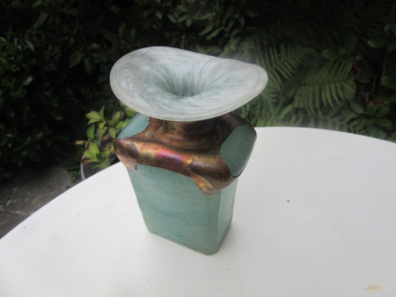 Image 1 of Raku-Vase (Knospenvase), signiert, Studiokeramik, Kunstglas/Metallic