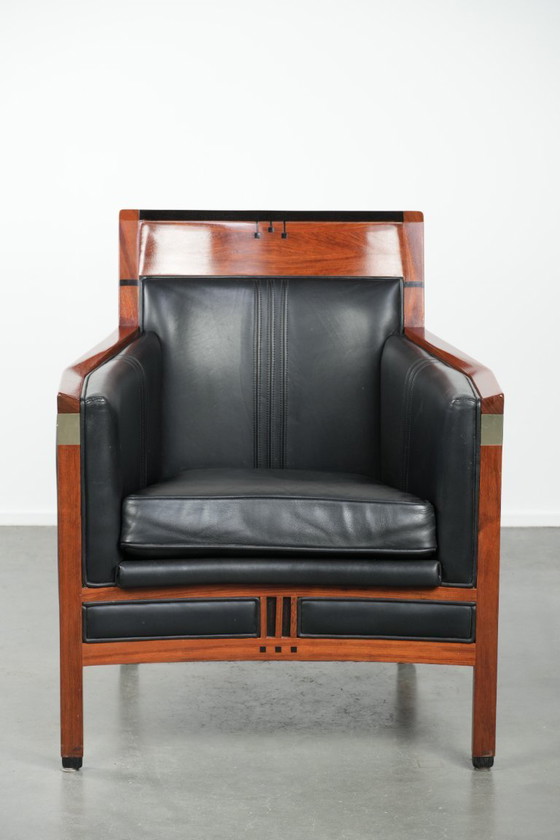Image 1 of Fauteuil Art Déco en cuir noir et bois de la série Decoforma de Schuitema