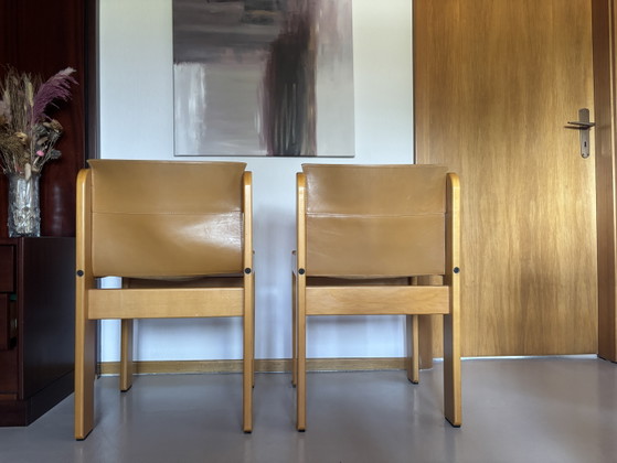 Set van 2 Vintage "Solaris" Stoelen – Franco Vattolo voor Ibisco – Eetkamerstoelen, Leather, Wood (photo 7 of 10)