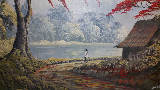 Image 1 of Painting of a landscape in Indonesia with a hut and a man