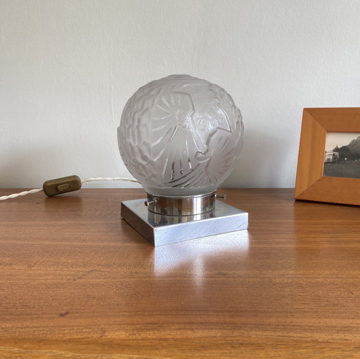 Table Lamp Globe Muller Lunéville Peacock Art Deco Antique Glass and Stainless Steel Base