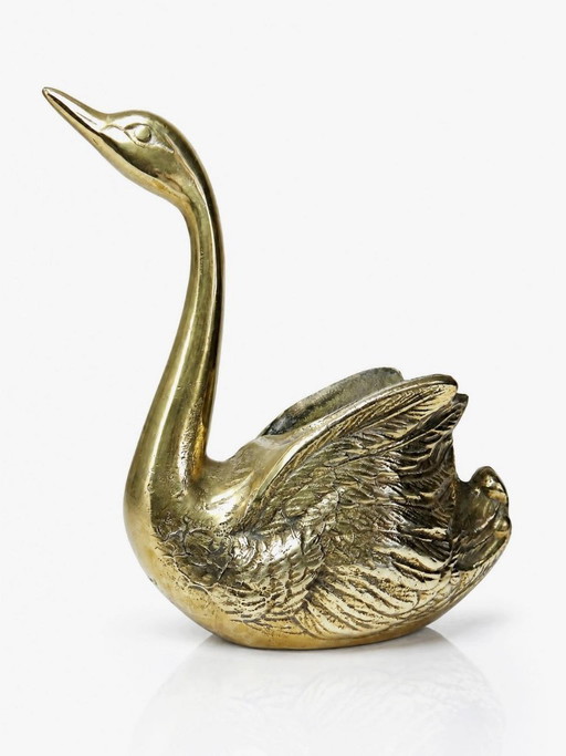 Vintage swan planter/trinket dish in cast gold brass, 1970s-80s