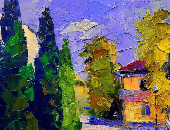 Image 1 of Dipinto ad olio originale, paesaggio urbano, motivo urbano mattutino