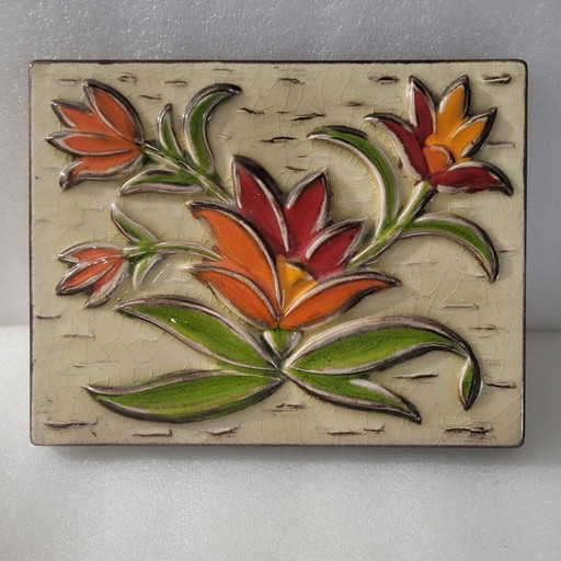 Cadre mural en céramique émaillée, fleurs et relief orange pop,BOITZENBURG, west germany, 1960-70