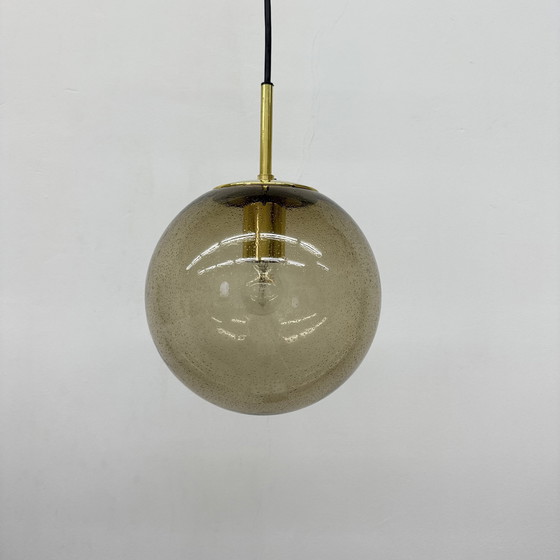 Image 1 of Limburg Glashütte Brass Smoked Glass Ball Pendant Hanging Lamp, 1970s