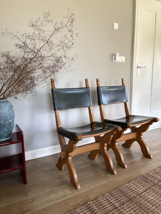 Image 1 of Vintage set of Bram Sprij chairs oak & leather brutalist style