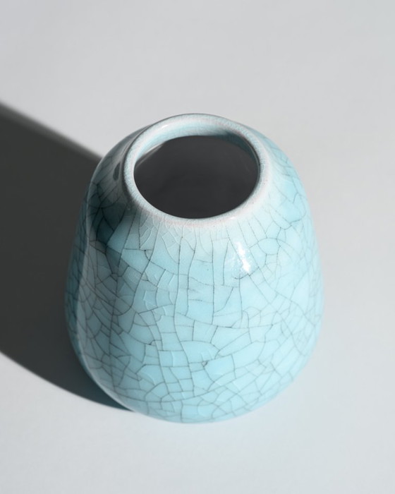 Image 1 of German Art Deco Crackle Glaze Ceramic Vase Duo Fürst Adolf Werkstätten Bückeburg