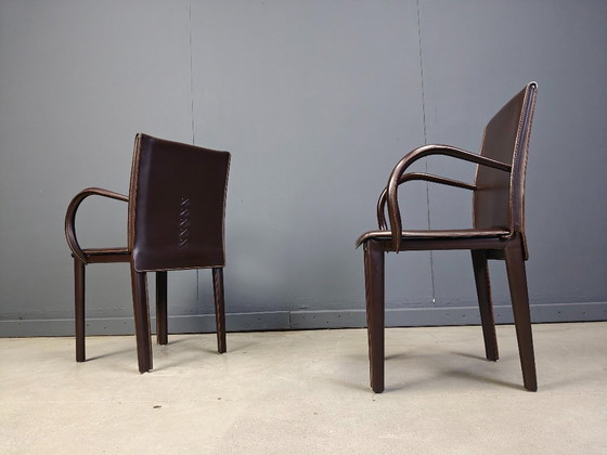Image 1 of Pair of brown leather armchairs by Arper italy, 1980s