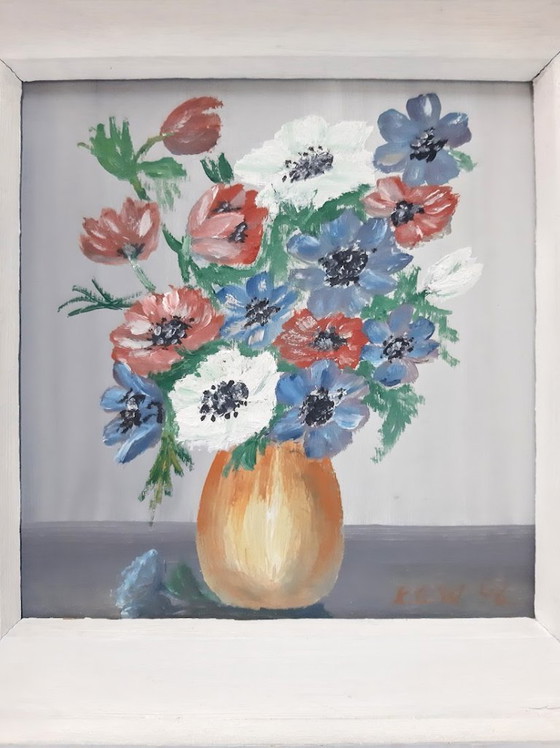 Image 1 of Dipinto ad olio d'epoca su pannello di truciolato, raffigurante fiori in un vaso