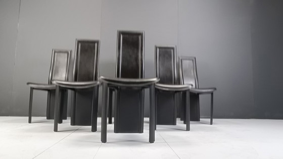 Image 1 of Schwarze Leder-Esszimmerstühle mit hoher Rückenlehne, Satz von 6, 1980er Jahre