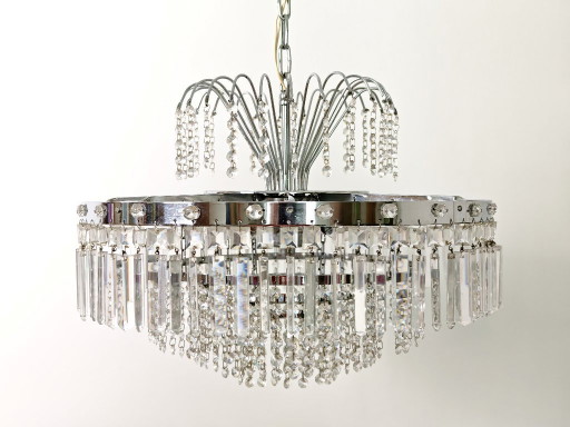 Mid Century Chrome Crystal Chandelier / Retro Tier Waterfall Ceiling Light / 1970s Hollywood Regency Pendant Lamp / Vintage Hang
