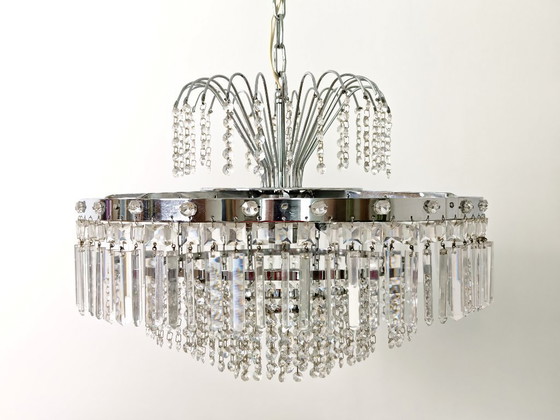 Image 1 of Mid Century Chrome Crystal Chandelier / Retro Tier Waterfall Ceiling Light / 1970s Hollywood Regency Pendant Lamp / Vintage Hang