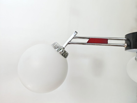 Image 1 of Vintage Chandelier with Opal Glass Globes / Mid Century Modern 3-Arm Pendant Light / Chrome Retro Ceiling Lamp 1960s