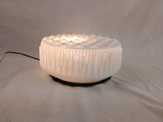 Image 1 of Vintage Glashütte Limburg 1960s Pressed Glass Ceiling Light - Textured Clear Glass Flush Mount Wall Sconce German Mid-Century