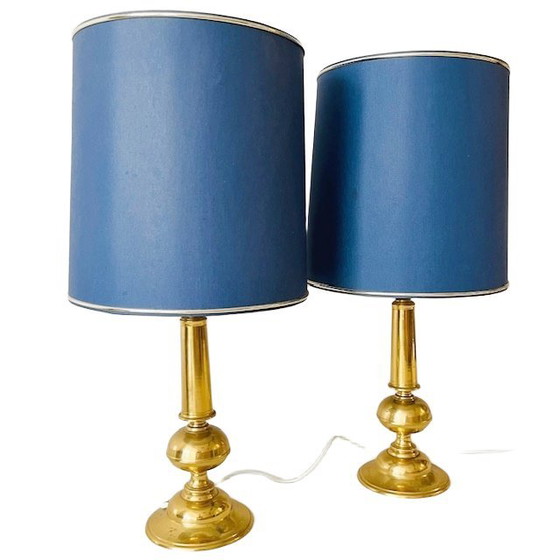 Image 1 of Mid-century paar messing tafellampen goud blauw Hollywood Regency 1950's