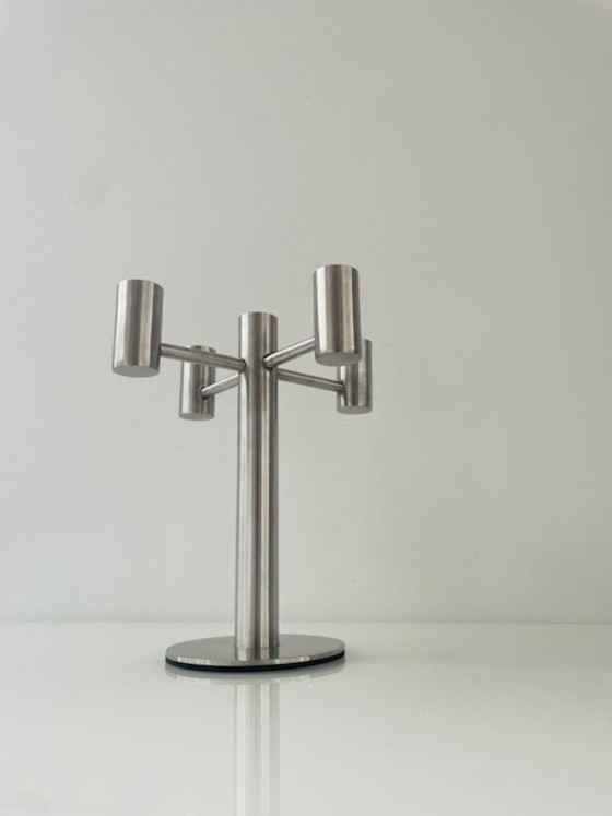 Portacandele a cinque braccia in acciaio inossidabile spazzolato, design moderno, rvs, Argentato (foto 6 di 7)