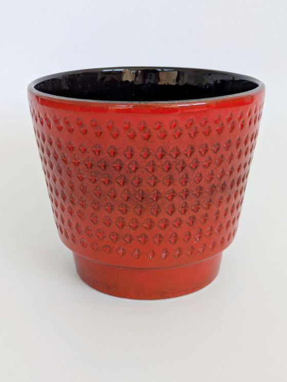 Image 1 of Large Vintage West German Pottery Planter, Bright Red Mid-Century Flower Pot, Strawberry Texture