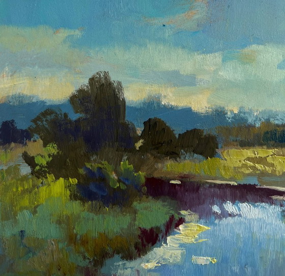 Image 1 of Original Oil Painting Summer River Landscape Sunset clouds over the river