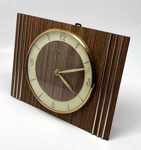 Image 1 of Mid Century Wall / Mantel Clock – Junghans Quartz W756 – Wood & Brass