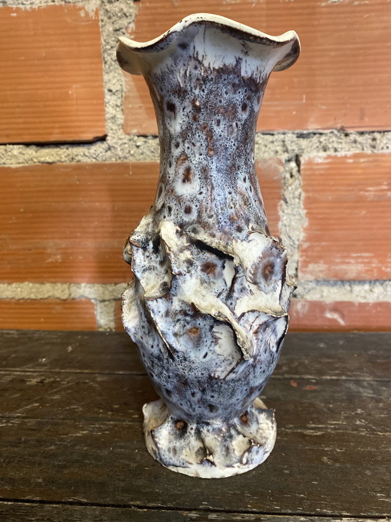 Image 1 of Vase Ancien Marius GIUGE Fat Lava Céramique Écumes Gris & Blanc Vintage #D384