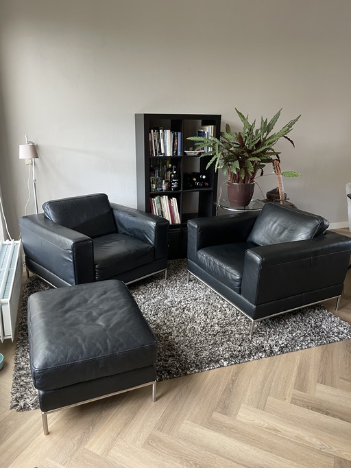 Ensemble de 2 fauteuils en cuir et 1 tabouret
