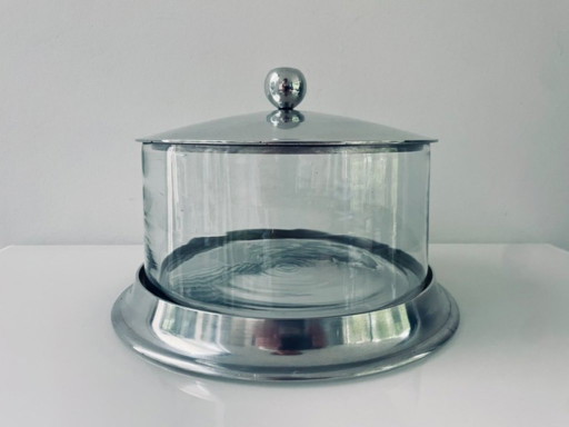 Vintage voorraadpot met aluminium deksel en glazen cilinder