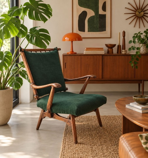 Beautiful Vintage Mid-Century Modern Armchair – Green Corduroy newly upholstered