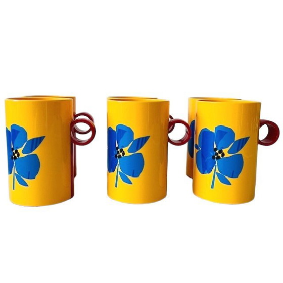 Image 1 of Set of plastic cups Coppia yellow blue flowers 1980's