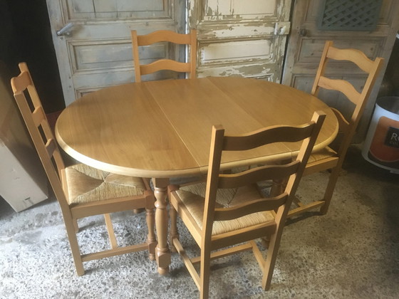 Tavolo rotondo & 4 sedie con seduta in giunco in rovere e faggio – Tavoli da pranzo, Vintage (photo 10 of 13)
