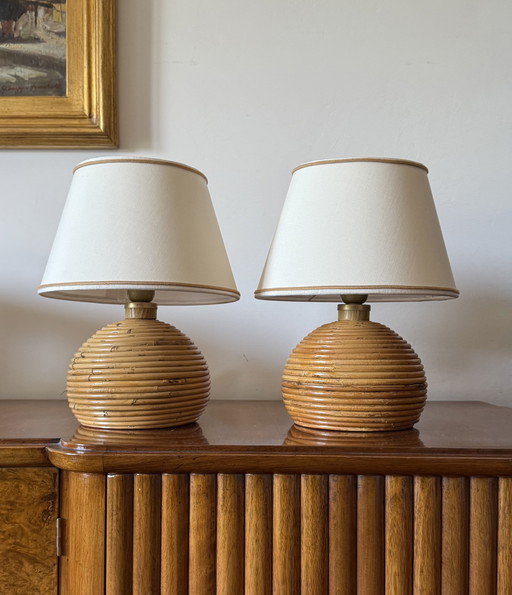 Hollywood Regency Set of 2 Wicker Table Lamps, Vivai del Sud, Italy 1960 ca.