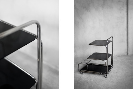 Image 1 of Vintage Mid-Century German Modern Bauhaus Chrome & Glass Serving Trolley or Bar Cart, 1960s