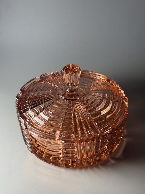 Image 1 of Art Deco Rosaline Bonbonniere / Sieradendoos met deksel - Boheems glas - jaren 30