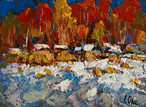 Original Oil Painting Snow Village Landscape Sunny winter day