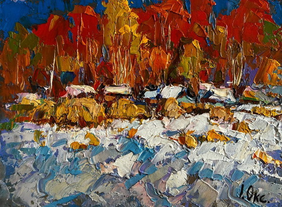 Image 1 of Original Oil Painting Snow Village Landscape Sunny winter day