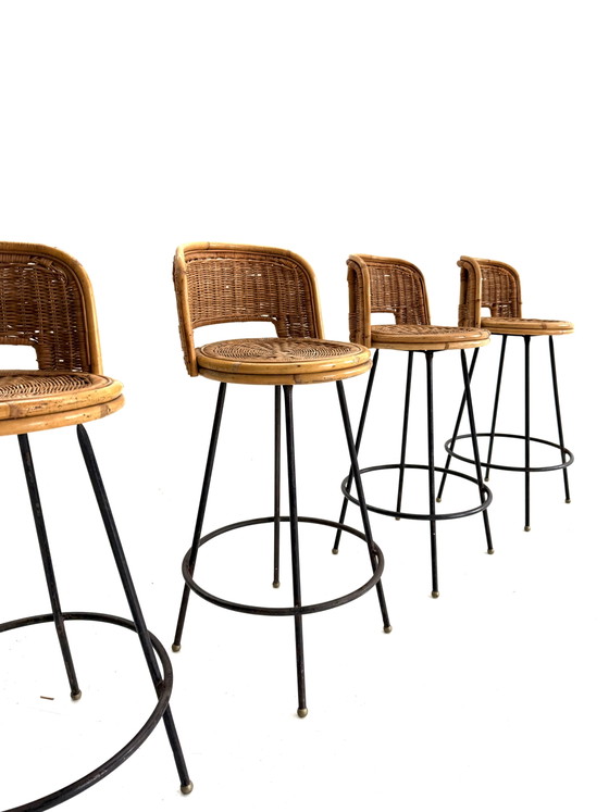 Set Van 4 Vintage Barkrukken, Rotan & Smeedijzer ‘60 – Rattan, Wicker (photo 3 of 10)