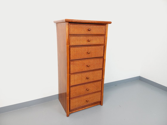 Image 1 of Commode Chiffonnier Semainier Vintage en Rotin, Bois et Cannage des Années 70