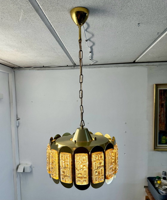 Lampada a Sospensione Plafoniera Vintage Vitrika Vetro Ghiaccio Anni '60 Danimarca, Plafoniere, Metallo (foto 3 di 14)