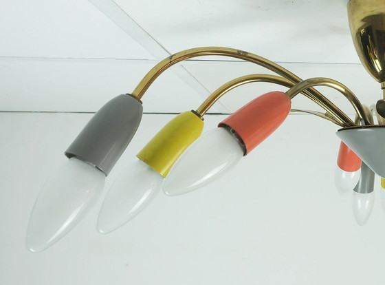 Image 1 of schöne 1950er Mitte Jahrhundert Sputnik Spinne 9-Licht Deckenleuchte Kronleuchter Messing Metall Mitte Jahrhundert stilnovo