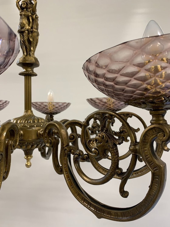 Image 1 of Vintage Murano glass chandelier by Seguso, signed in bronze and brass.