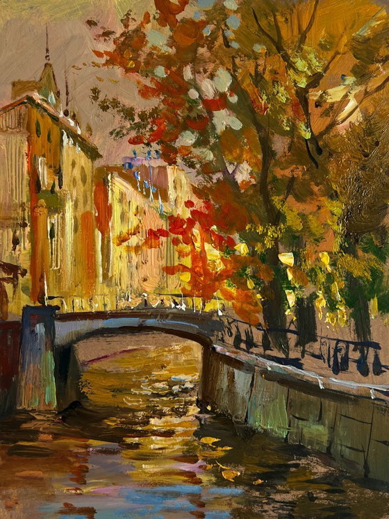 Image 1 of Original Oil Painting Evening River Landscape Autumn city park