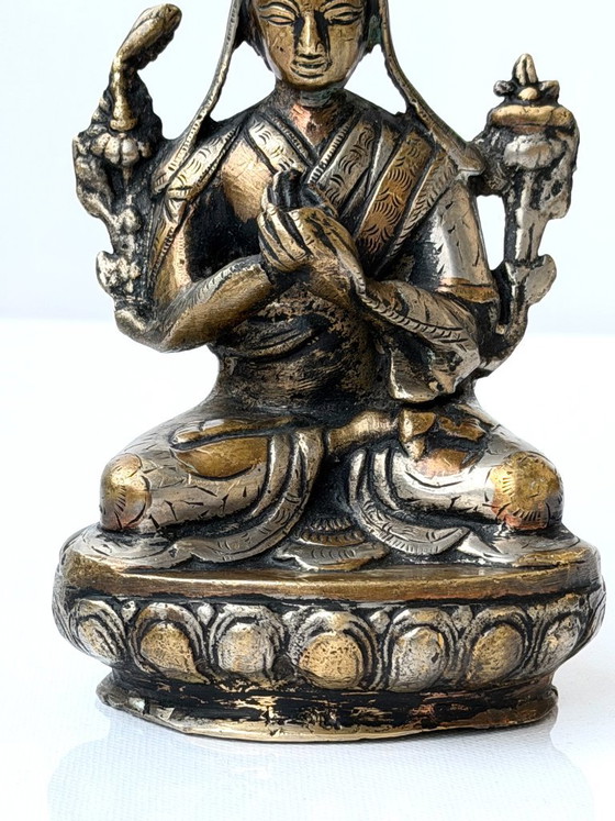 Tsongkhapa Silvered Statue Tibetan Buddhist Lama Engraved Vintage Nepal – Sculpture, Brass (photo 4 of 14)