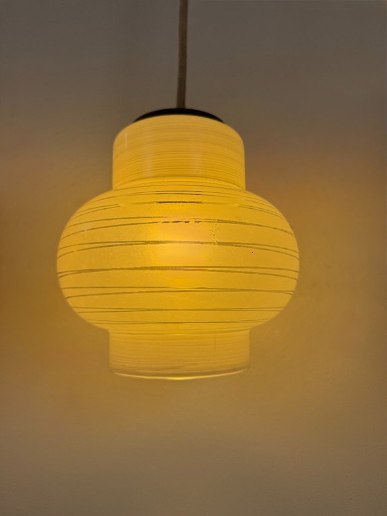 Image 1 of Pair of vintage pendant lights, white blown glass, France, 1970
