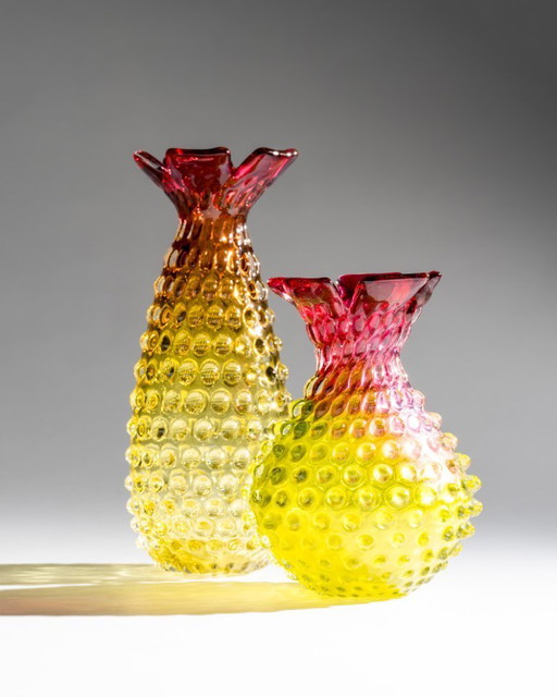 Frantisek Koudelka Skrdlovice Glashütte „Ananas“ Seltenes tschechisches Kunstglas-DUO