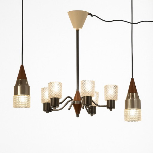 Scandinavian Mid-Century Lighting Set in Teak, Cut Glass & Polished Metal (1950s–60s)