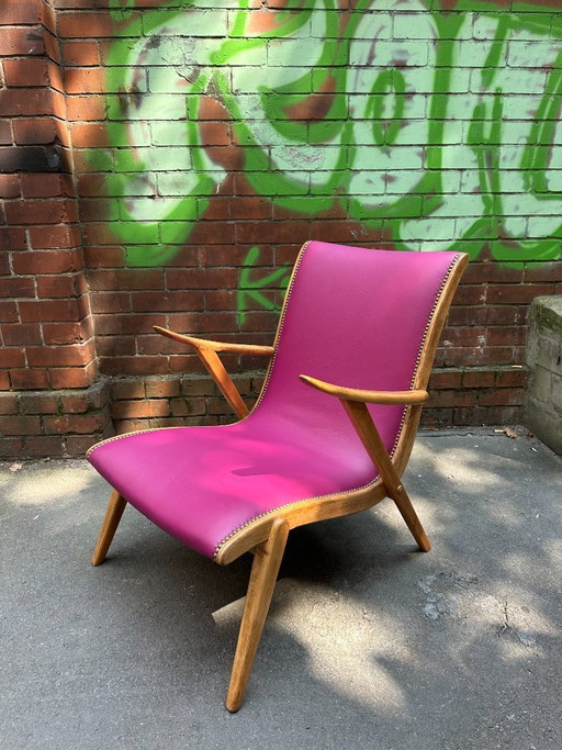 40er Jahre Lounge Chair | Buche & pinkes Echtleder – stoelen fauteuils, Leather, Wood (photo 2 of 5)