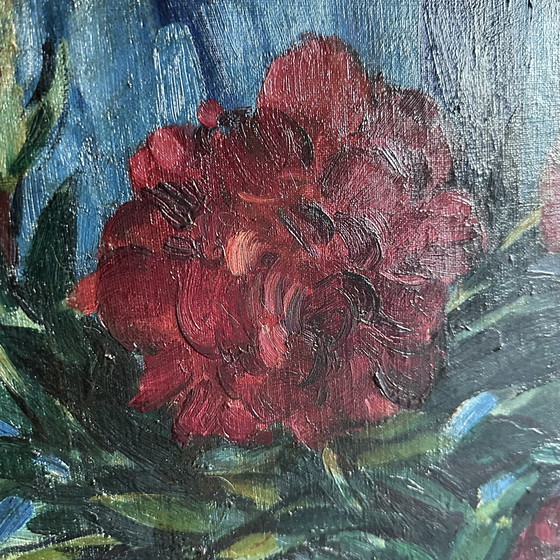 Image 1 of Vintage Oil Painting – Red Peonies in White Jug, Signed FAE, Expressive Floral Still Life, Belgian School Framed Artwork, 20th C