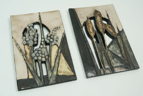 Image 1 of 2 bellissime e decorative piastrelle da parete vintage anni '70 di Ruscha-Keramik W. Germany con motivi floreali.