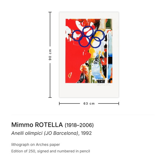 Mimmo Rotella Signed Lithograph Anelli Olimpici (JO Barcelona) 1992 – Lithographs & prints, Paper (photo 3 of 5)