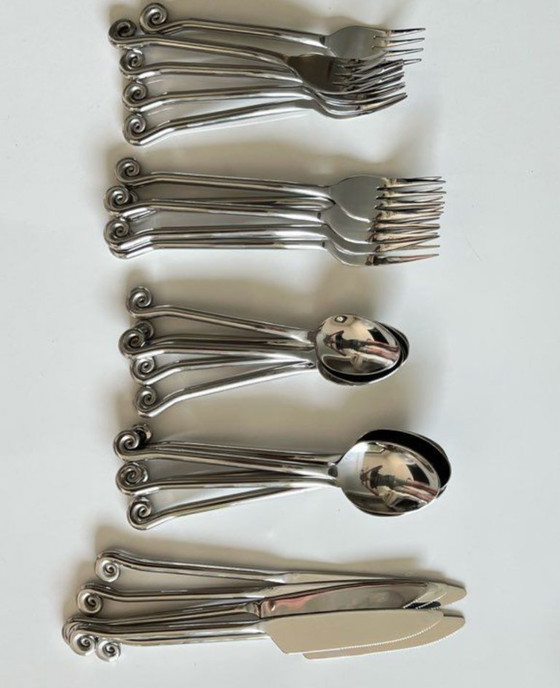 Image 1 of Set di 5 posate in acciaio inox – forma organica a spirale/vortice – stoviglie vintage originali