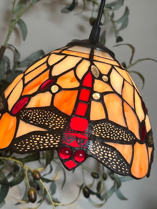 Stained glass pendant lamp with dragonflies beige with red